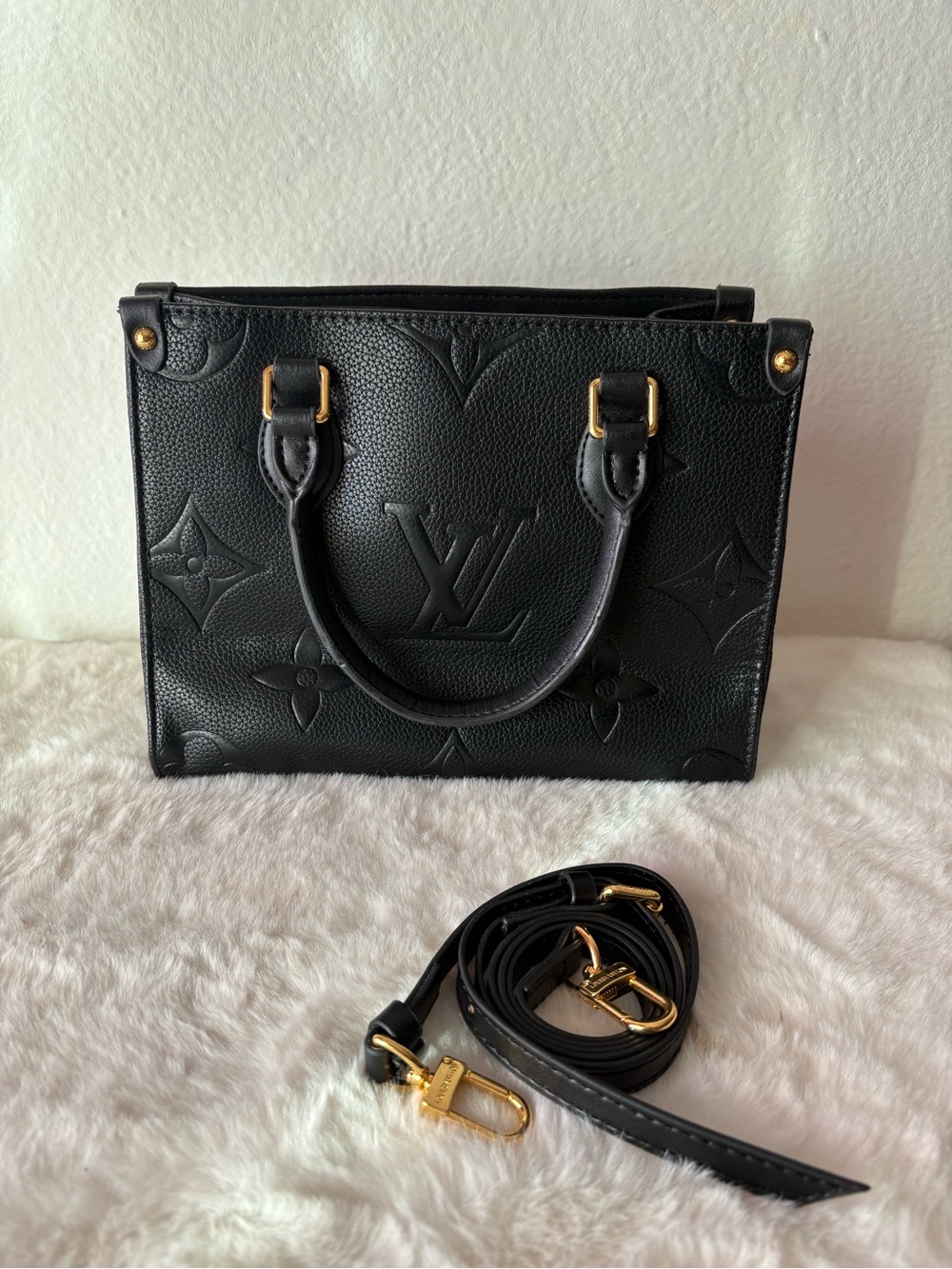 Inspired Black Embossed Leather Satchel with Gold Hardware